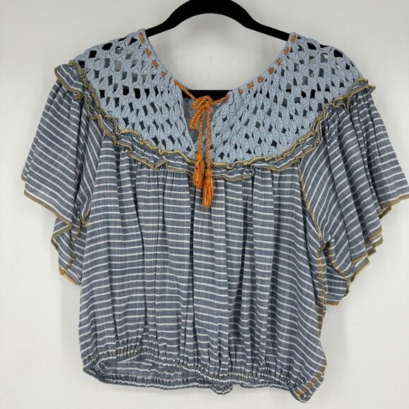 Free People Allora Crochet Cropped Boho Top Blue Stripe Medium - Picture 2 of 9
